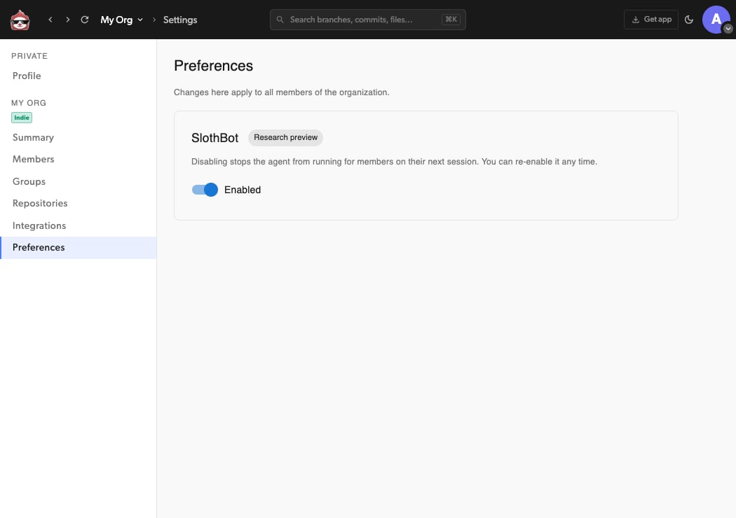 組織 Preferences ページの SlothBot トグル