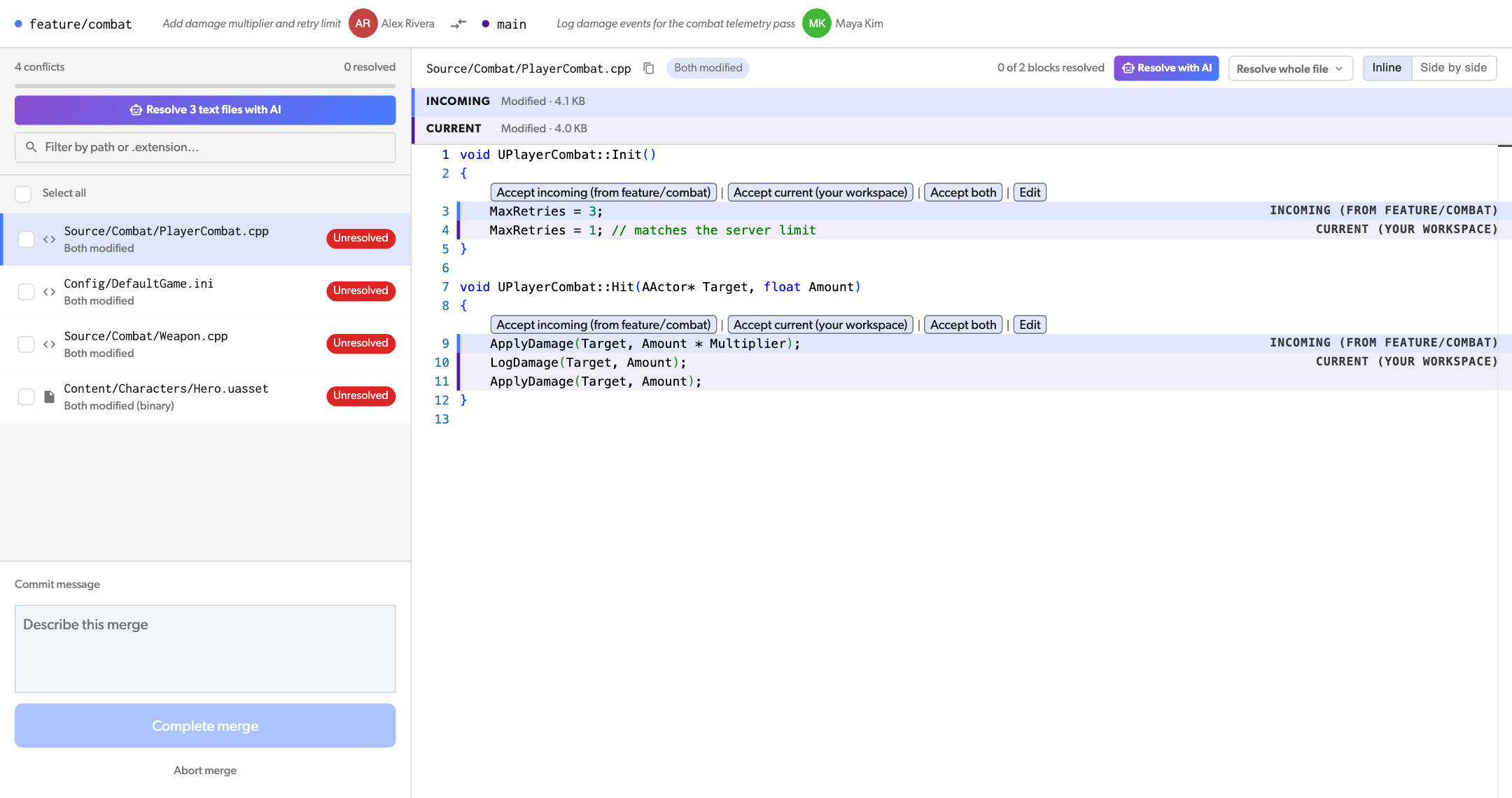 The conflict screen with the Resolve with AI buttons