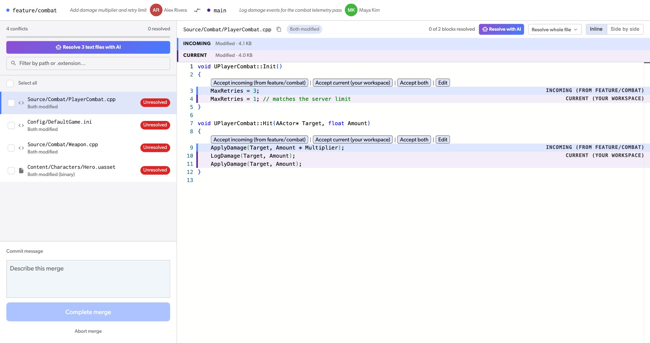 The conflict screen with the Resolve with AI buttons