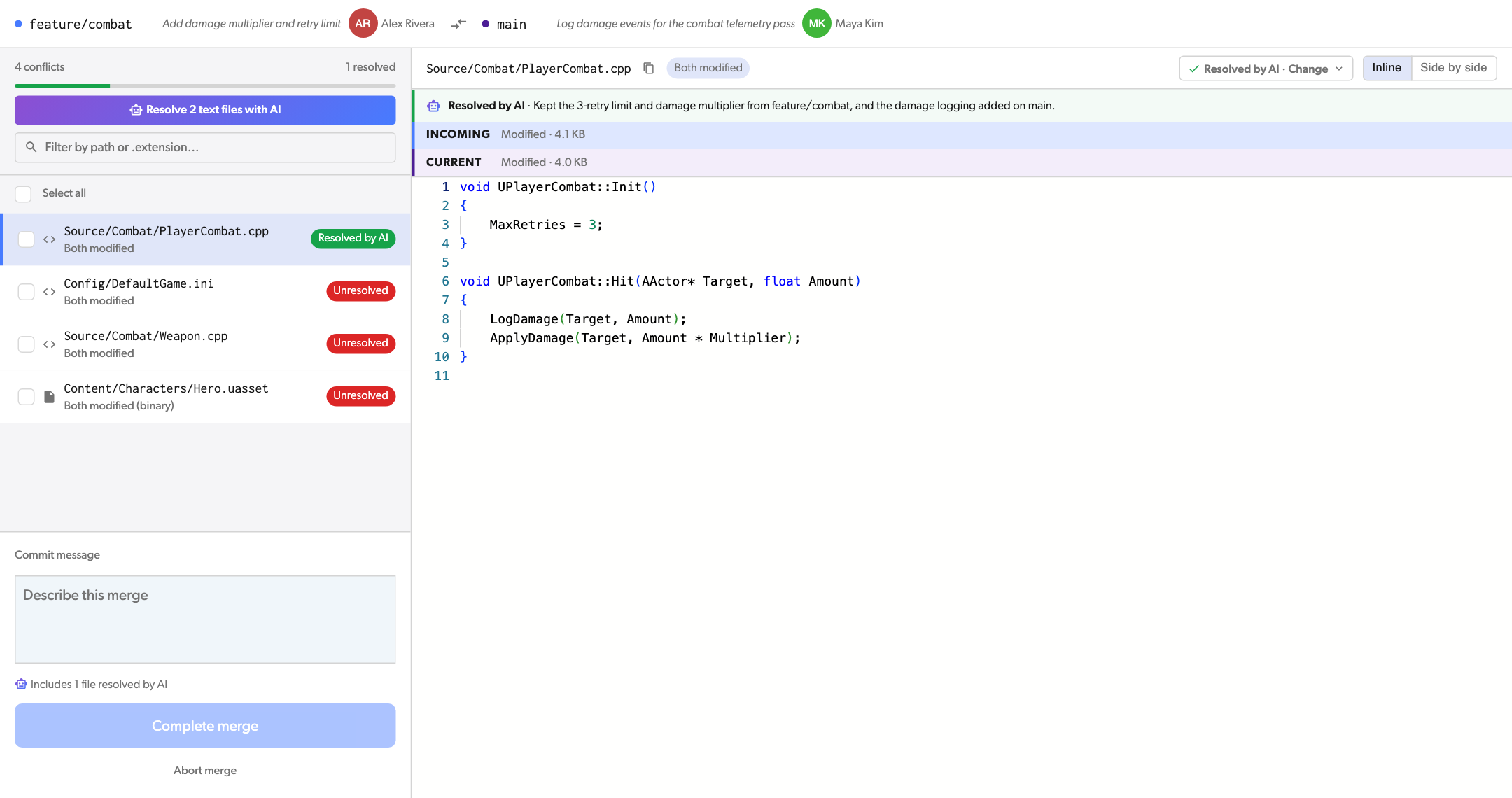 A file resolved by AI, with the reason above the merged result