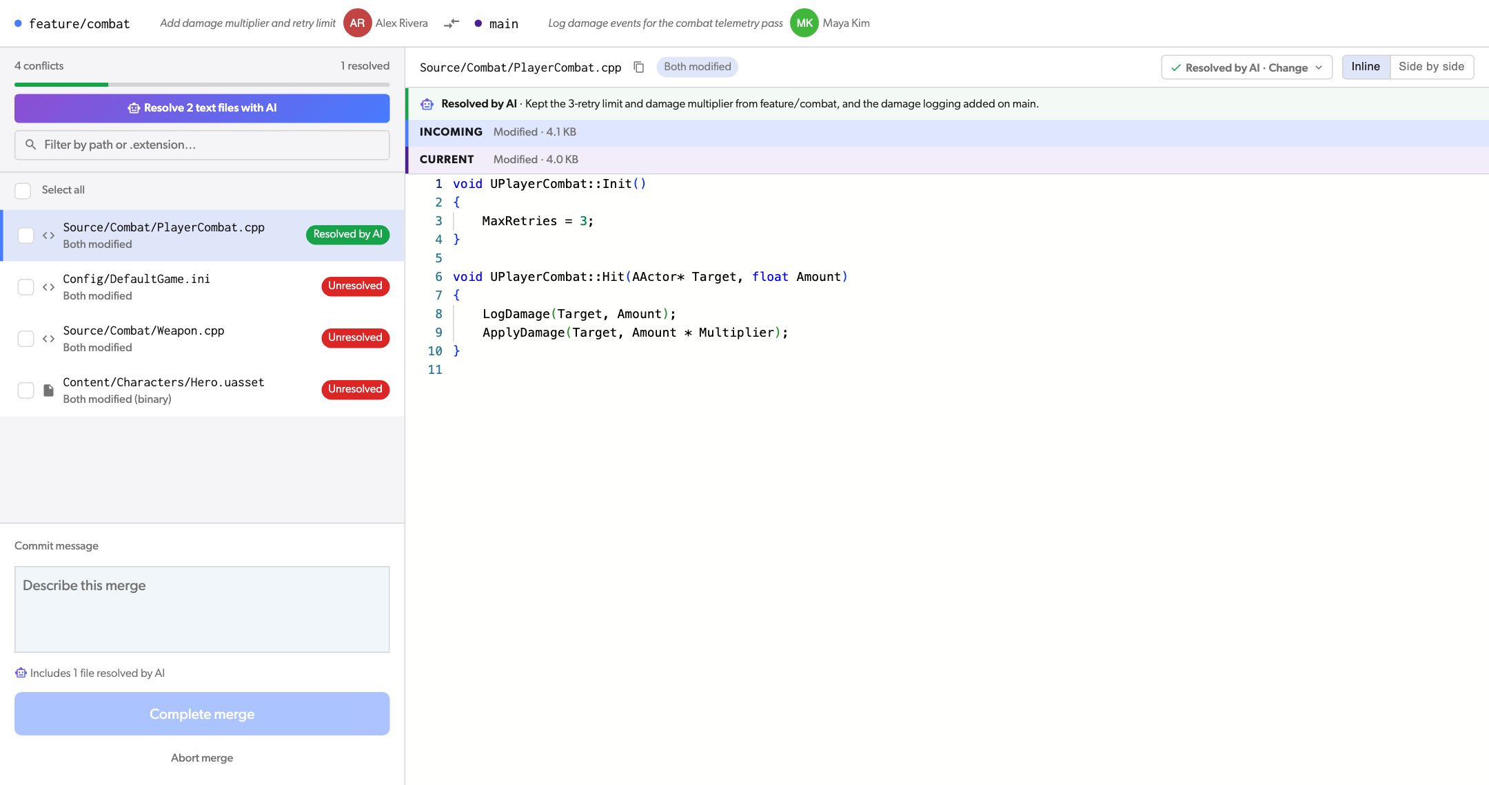 A file resolved by AI, with the reason above the merged result