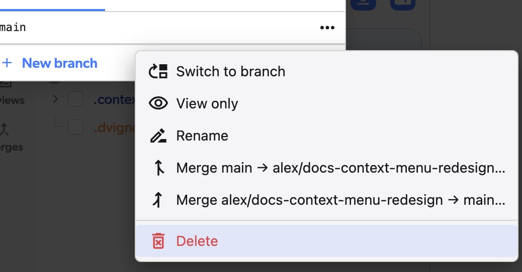Delete branch menu option