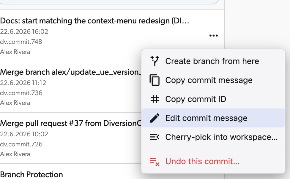 Edit commit message menu option