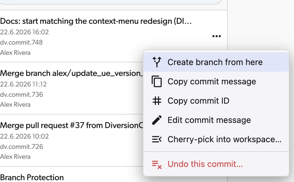 The button to create a branch from a previous commit