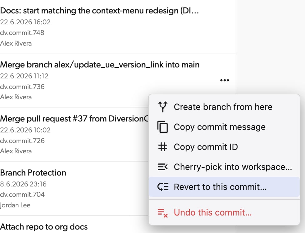 The button to revert to a previous commit