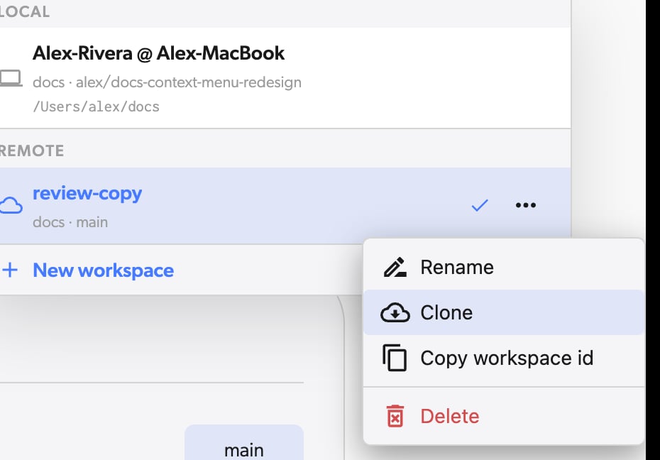 Workspace selector with local and remote workspaces