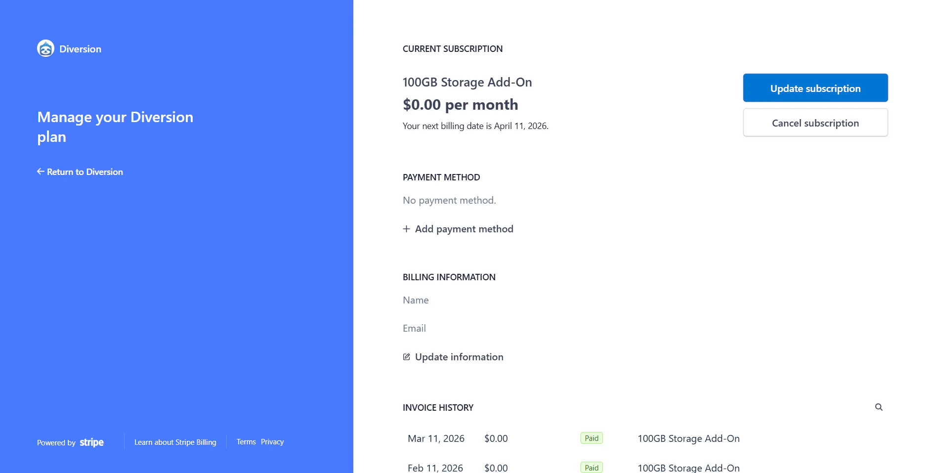 The billing portal showing invoices and subscription details