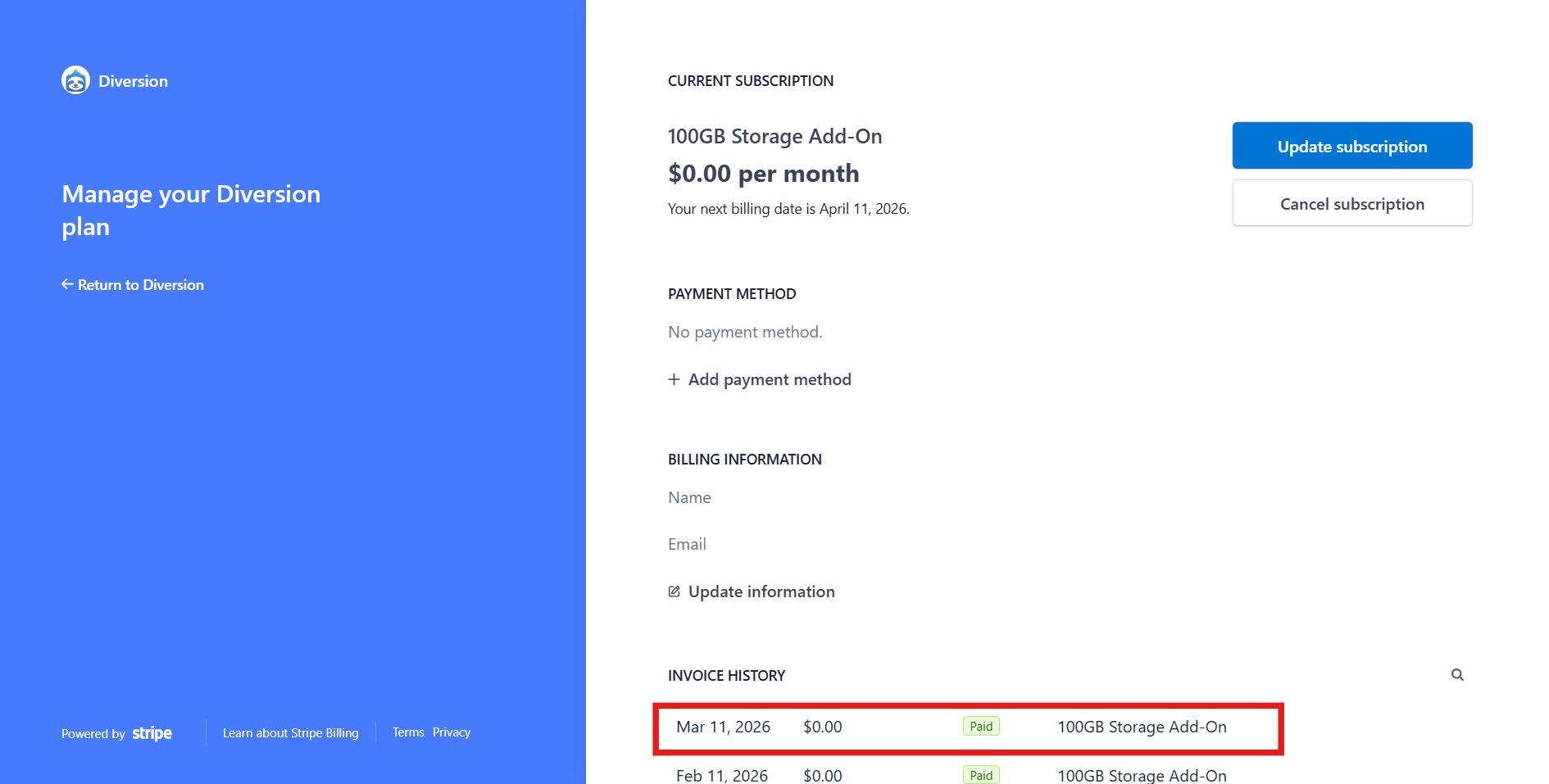 Invoices and billing - Diversion Documentation