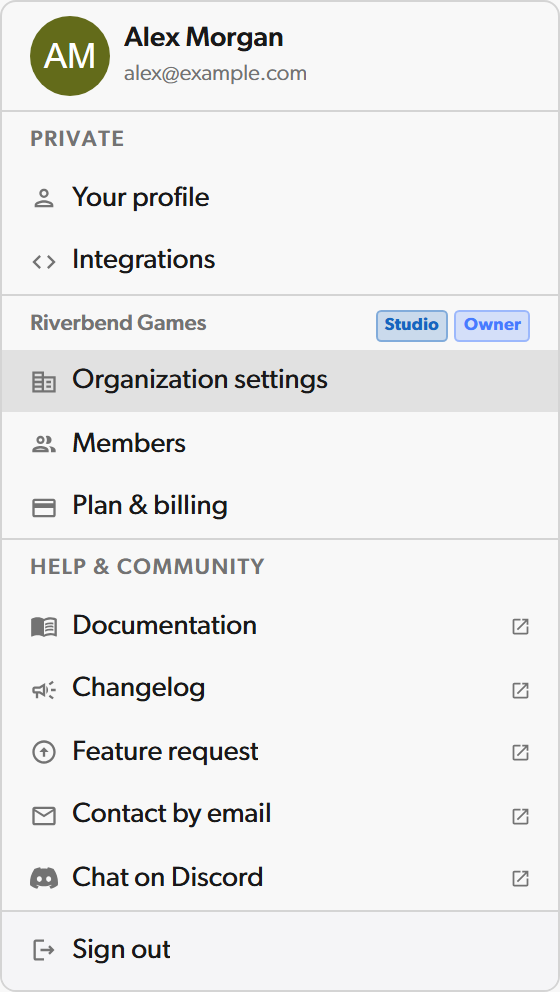Organization settings の項目が表示されたアカウントメニュー