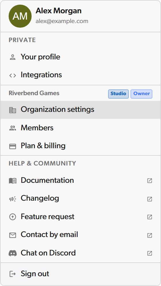Organization settings の項目が表示されたアカウントメニュー