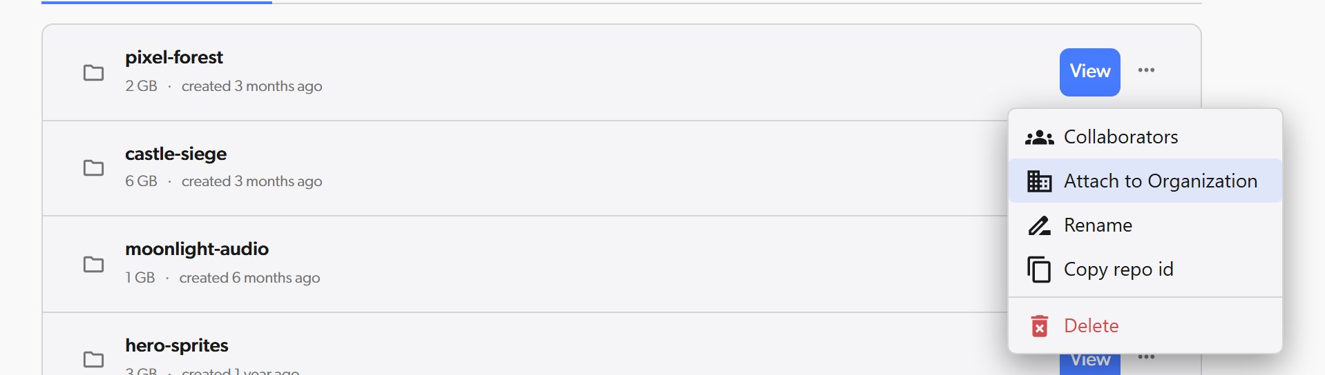 Attach to Organization menu item on a repository row