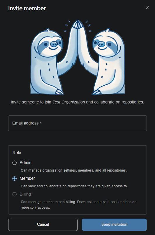 Invite user modal window