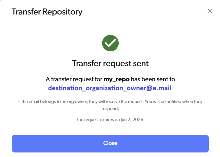 Transfer request sent confirmation