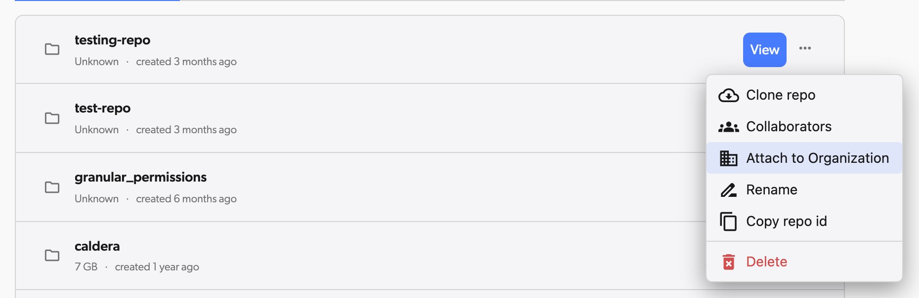 Attach to Organization menu item on a repository row