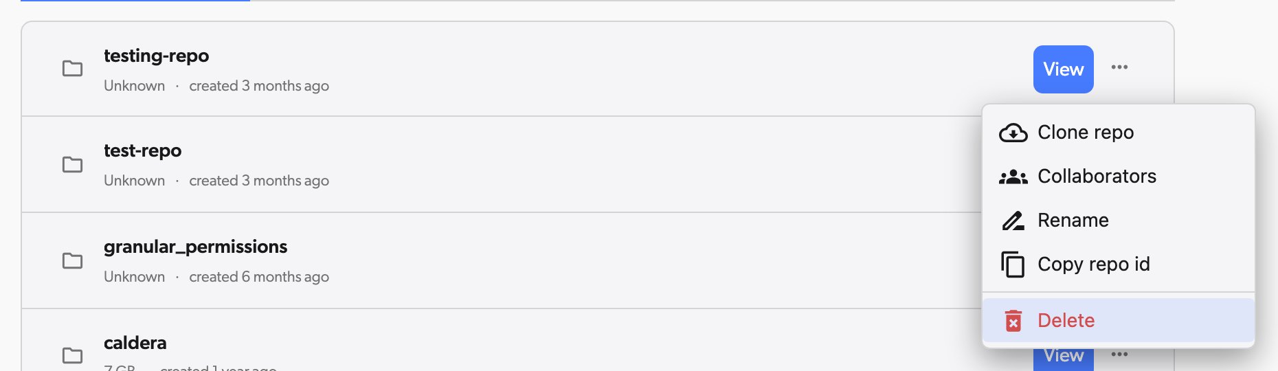 Delete option in repo row menu
