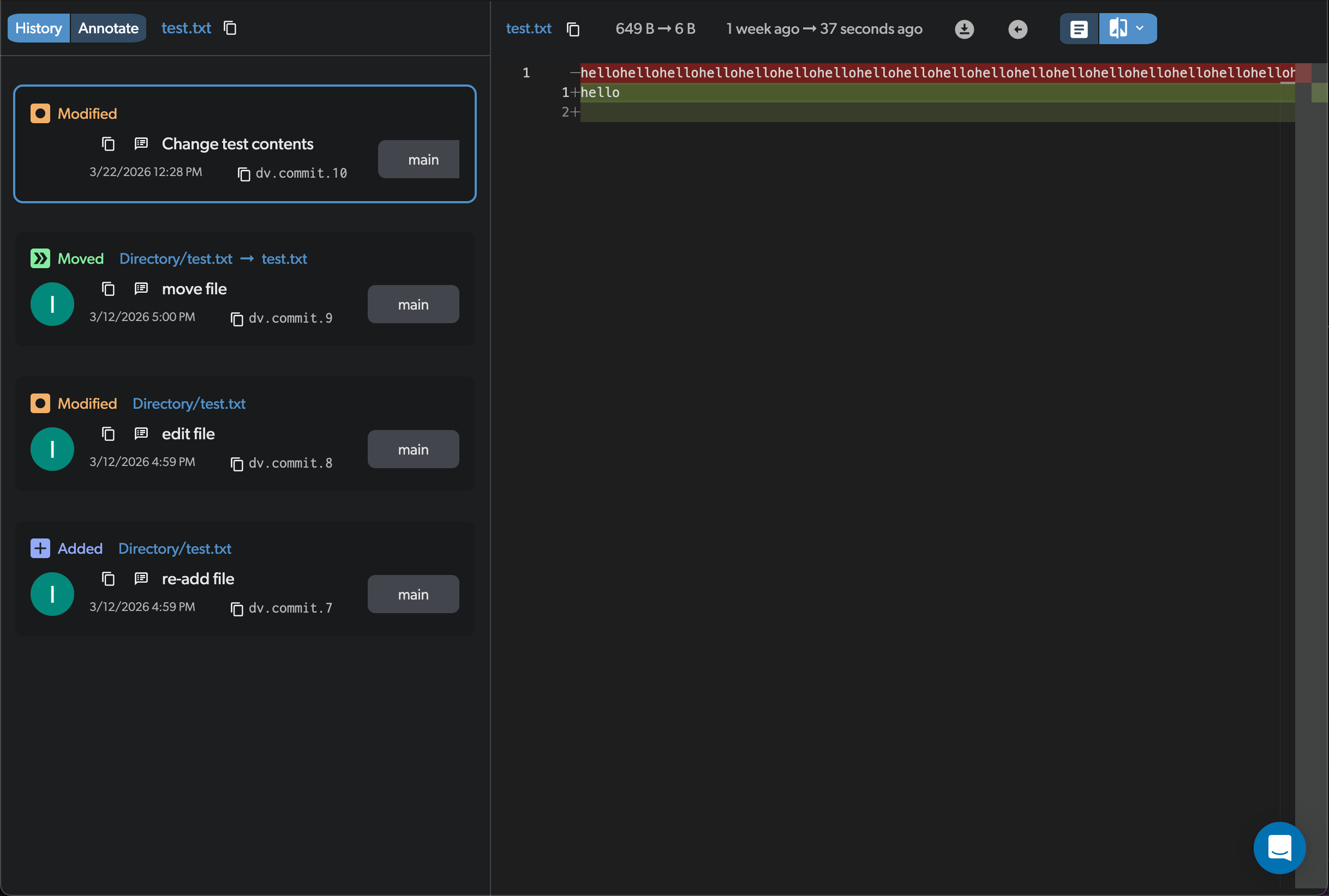 File history page showing commits