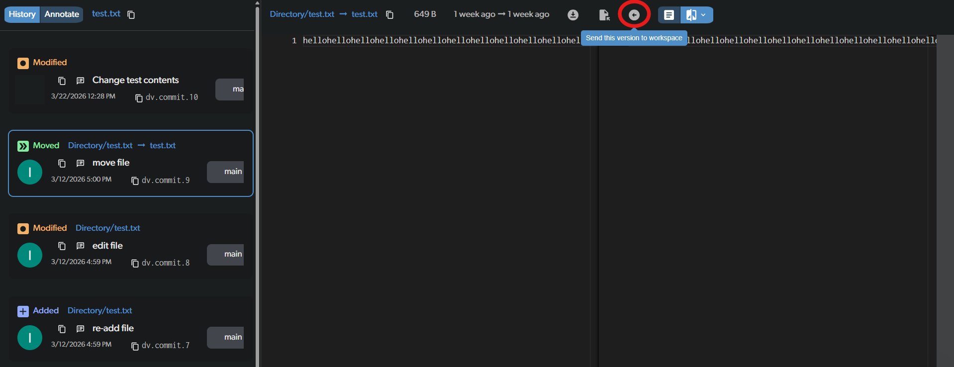 Send this version to workspace button in file title bar