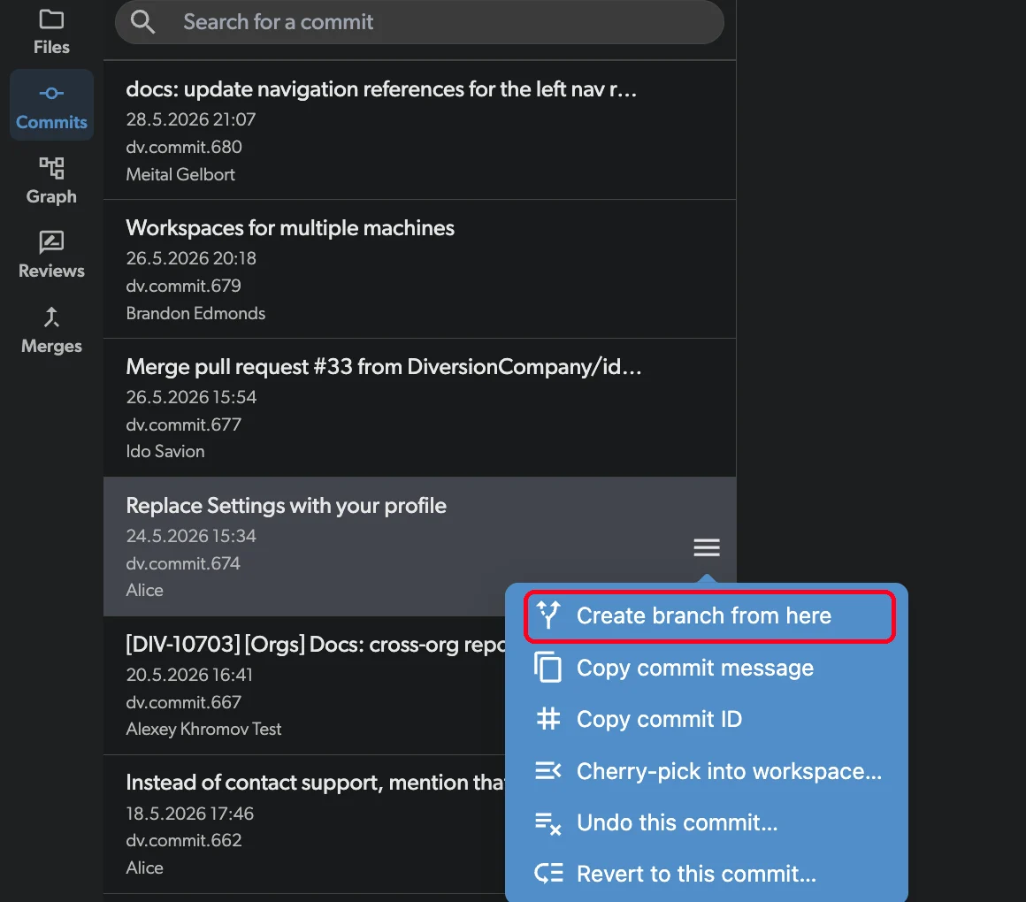 The button to create a branch from a previous commit