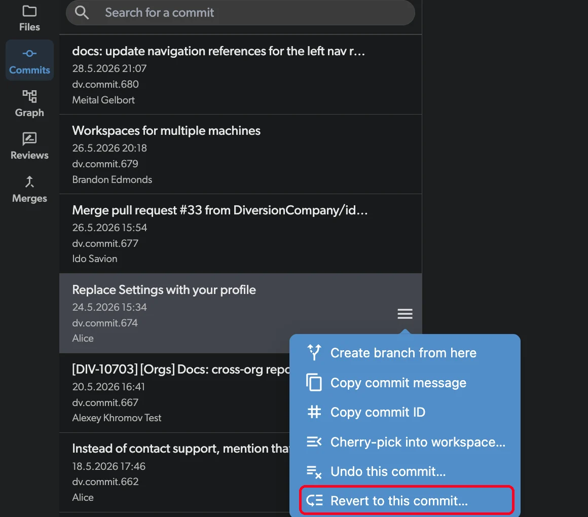 The button to revert to a previous commit