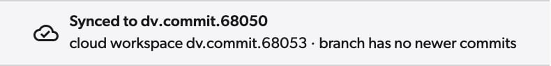 Workspace header with a grey cloud icon, reading Synced to dv.commit.68050, cloud workspace dv.commit.68053, branch has no newer commits