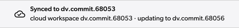 Workspace header reading Synced to dv.commit.68053, cloud workspace dv.commit.68053, updating to dv.commit.68056
