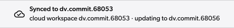 Workspace header reading Synced to dv.commit.68053, cloud workspace dv.commit.68053, updating to dv.commit.68056