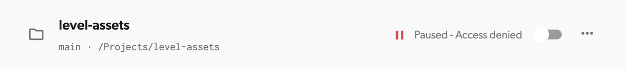 Dashboard workspace row reading Paused - Access denied, with a red pause icon and the Sync toggle off