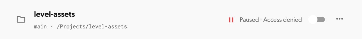 Dashboard workspace row reading Paused - Access denied, with a red pause icon and the Sync toggle off