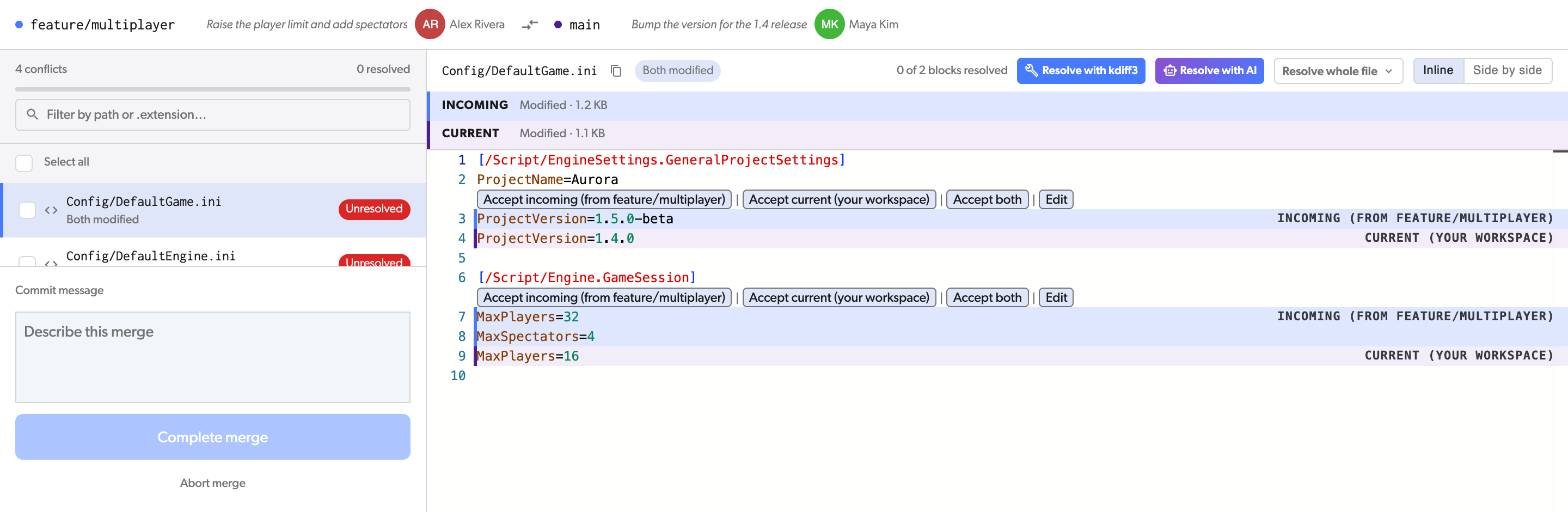 The merge screen with Config/DefaultGame.ini open and a Resolve with kdiff3 button in the file header
