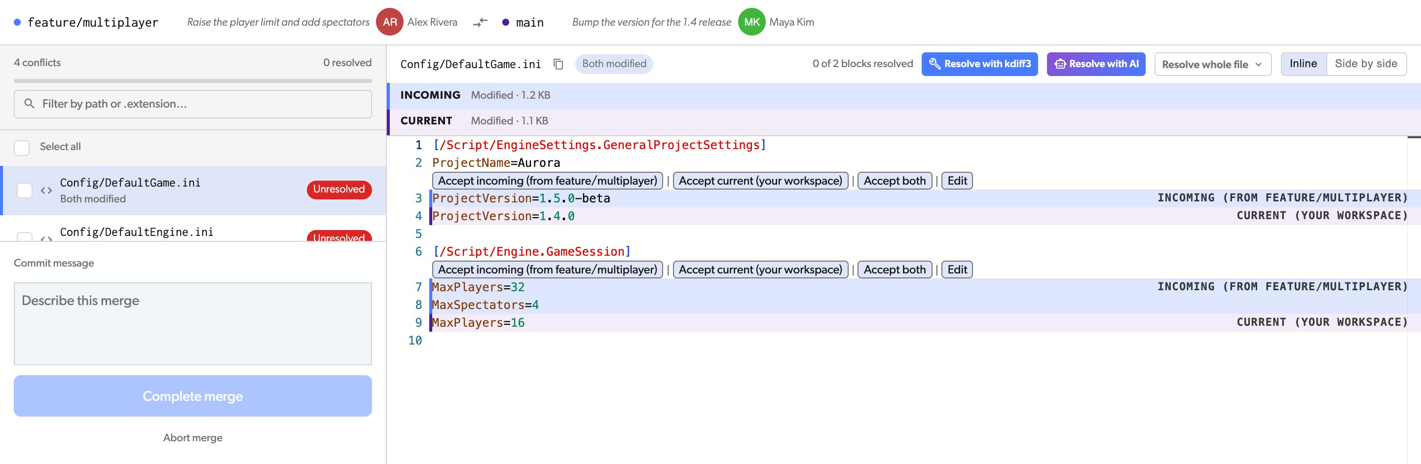 The merge screen with Config/DefaultGame.ini open and a Resolve with kdiff3 button in the file header