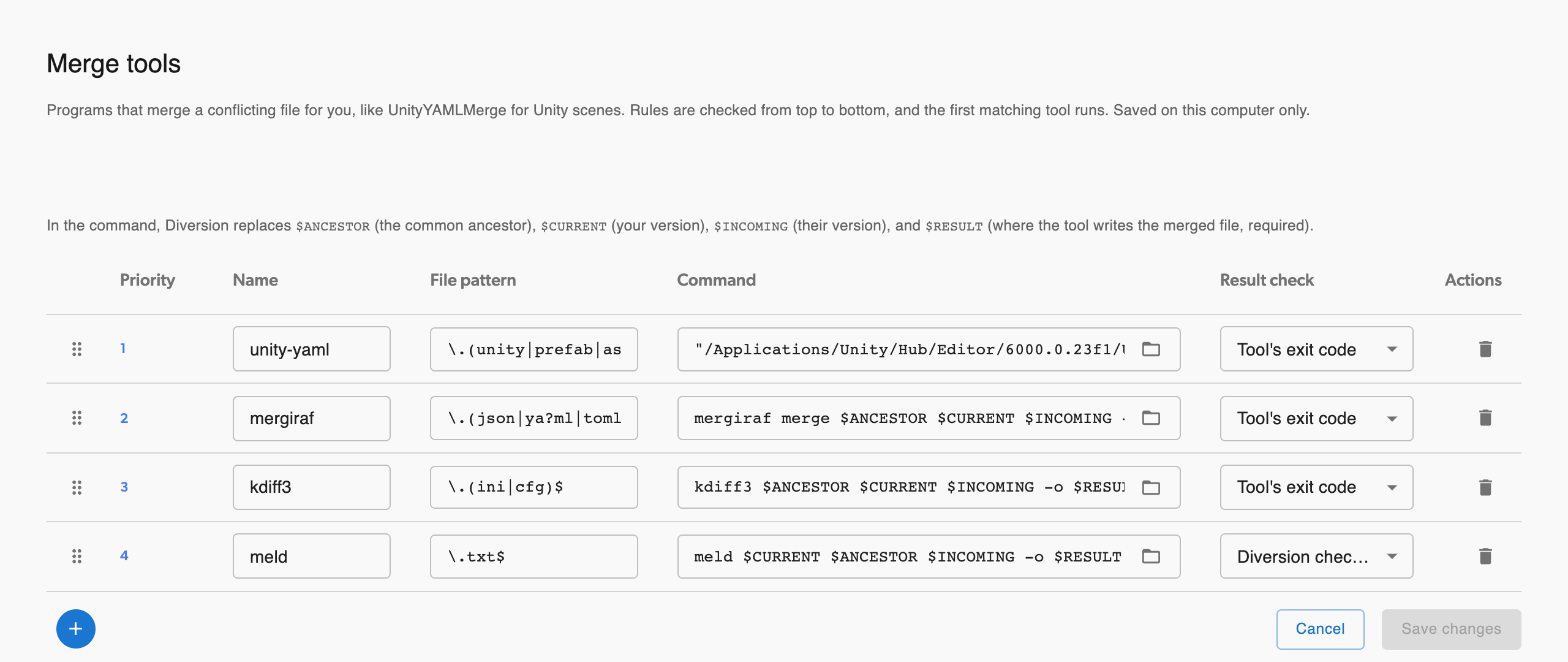 The Merge tools settings page in edit mode, with four tools: unity-yaml, mergiraf, kdiff3, and meld
