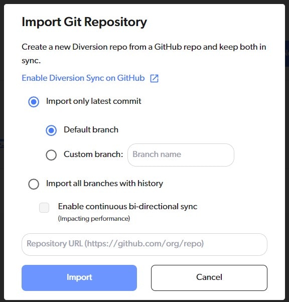 Import repo options modal