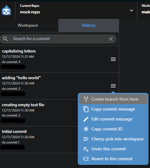 The button to create a branch from a previous commit