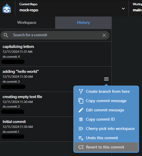 The button to revert to a previous commit