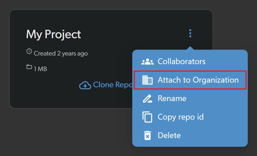 Attach to Organization menu item on a repository card