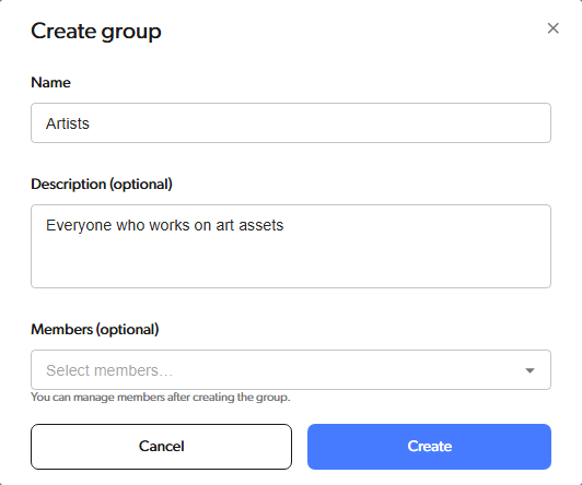 名前、説明、メンバーの入力欄がある Create group ダイアログ