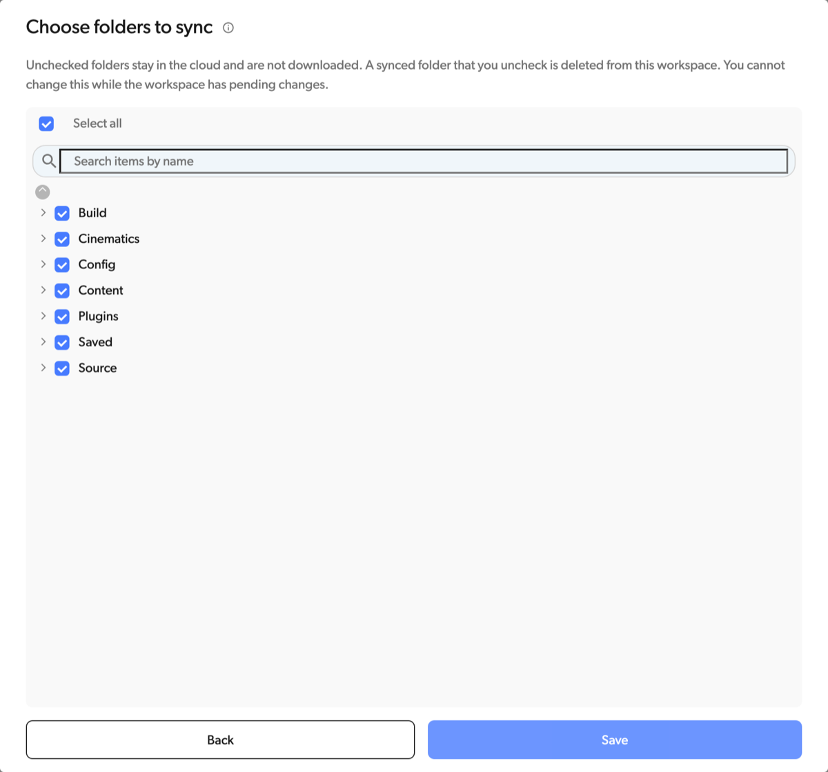 Choose folders to sync dialog