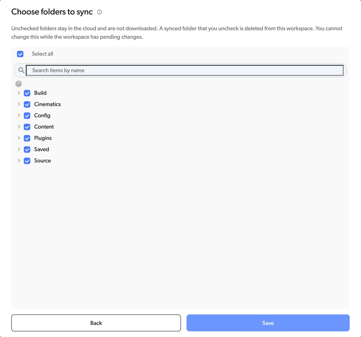 Choose folders to sync dialog