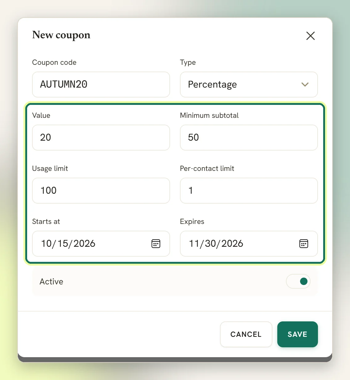 The New coupon window with a code, a percentage type and value, and the minimum subtotal, usage limit, per-contact limit and date fields highlighted