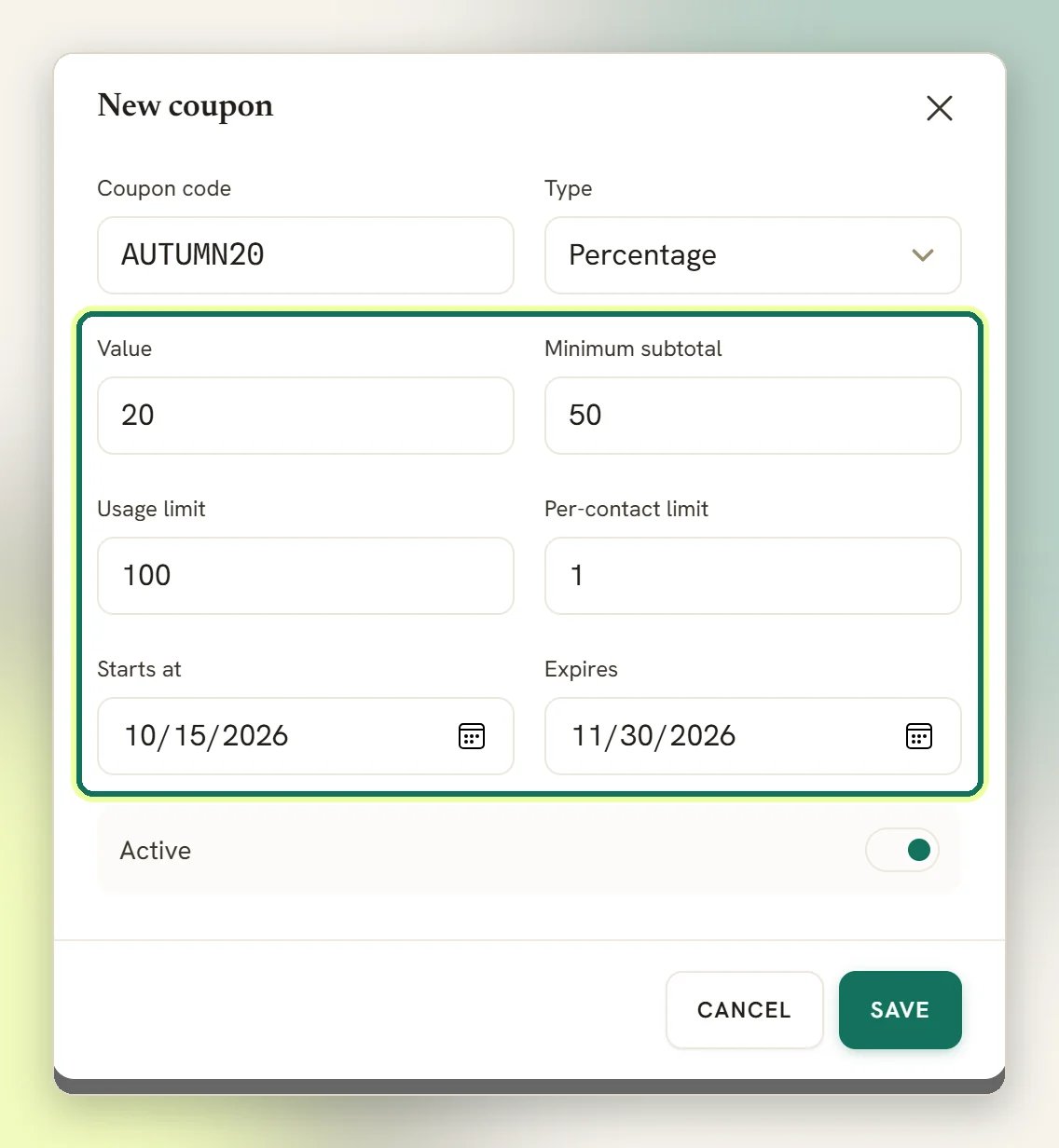 The New coupon window with a code, a percentage type and value, and the minimum subtotal, usage limit, per-contact limit and date fields highlighted