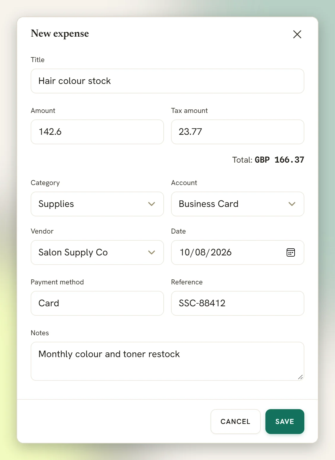The New expense window filled in with a title, amount, tax amount, running total, category, account, vendor, date, payment method, reference and notes