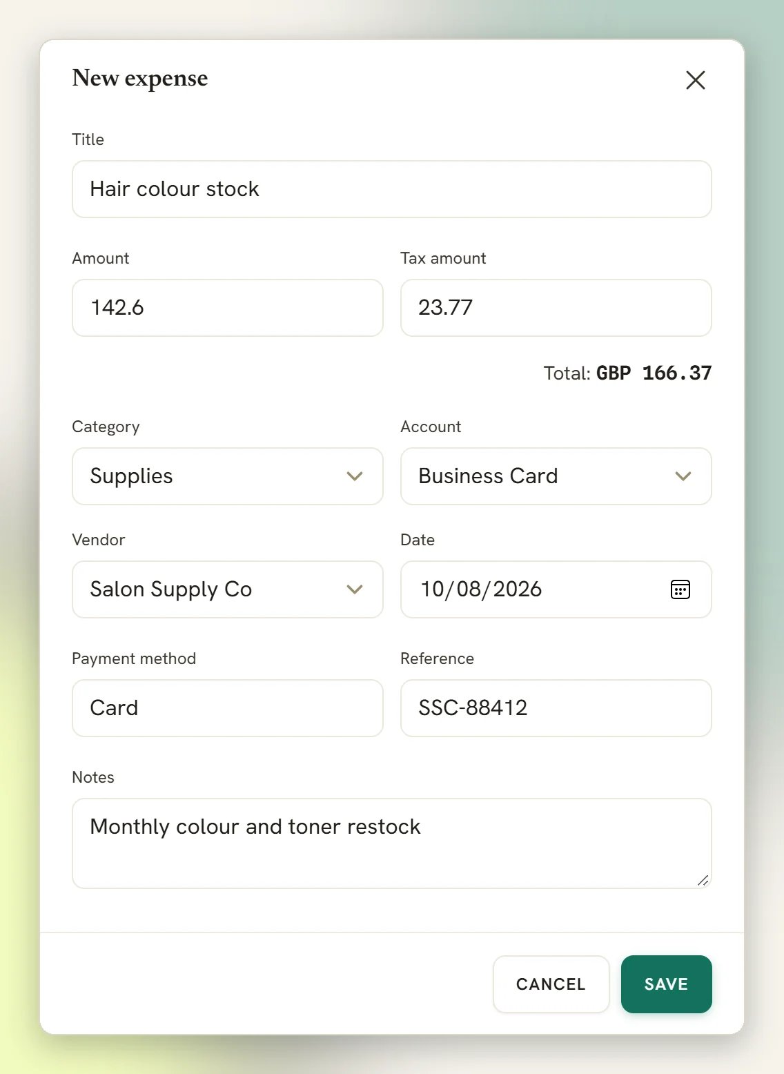 The New expense window filled in with a title, amount, tax amount, running total, category, account, vendor, date, payment method, reference and notes