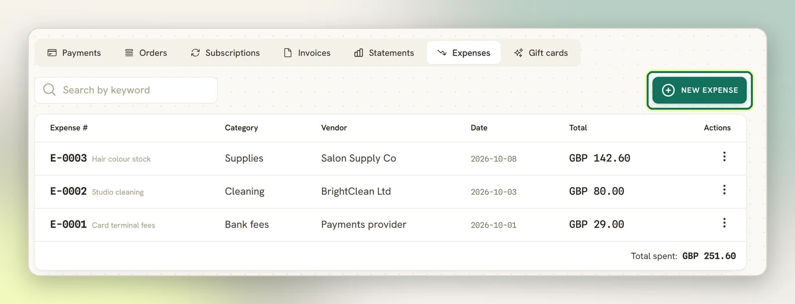 The Expenses tab listing expenses with their number, title, category, vendor, date and total, with the New expense button highlighted