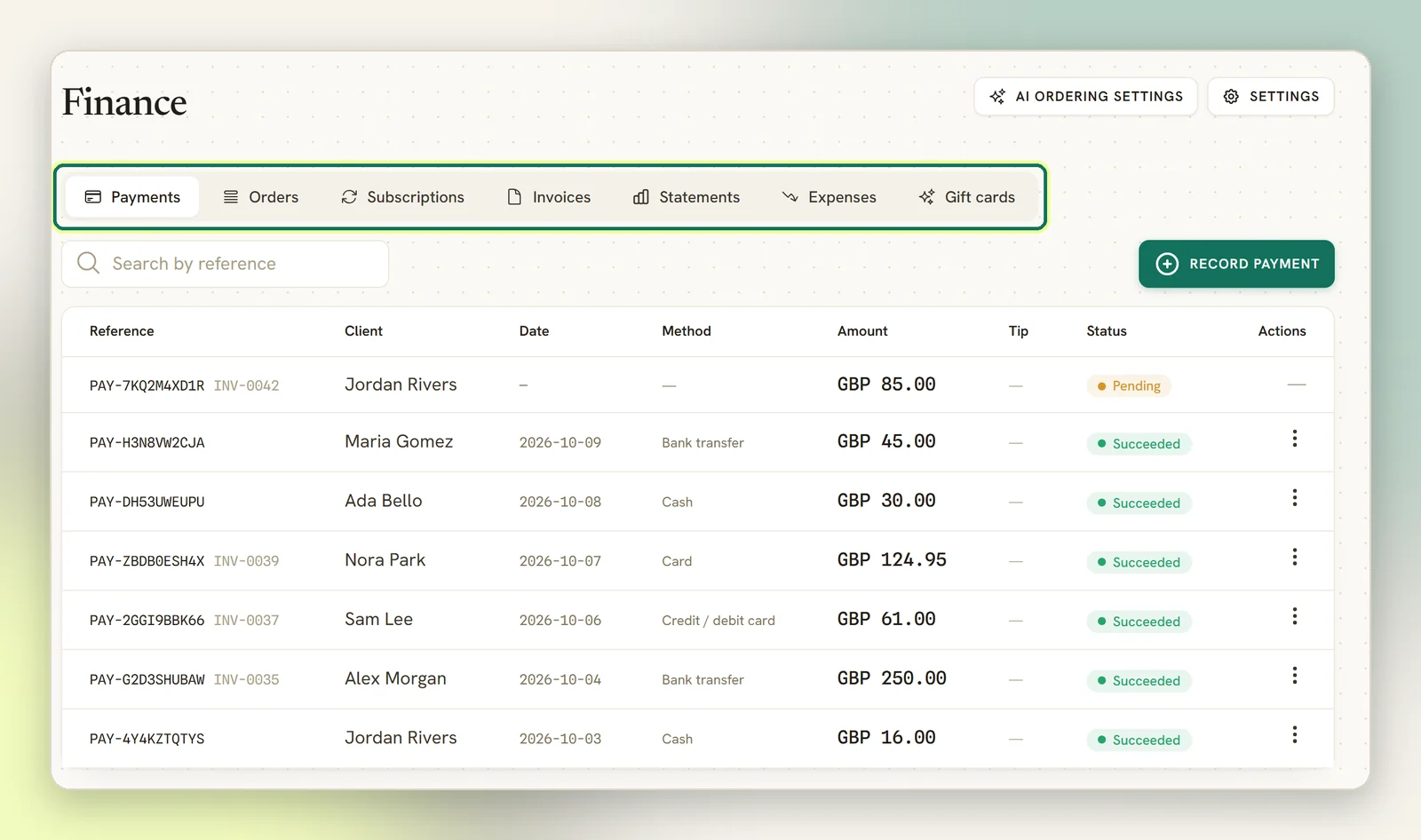 The Finance page with its seven tabs highlighted: Payments, Orders, Subscriptions, Invoices, Statements, Expenses and Gift cards