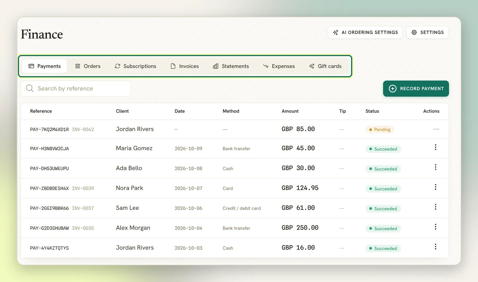 The Finance page with its seven tabs highlighted: Payments, Orders, Subscriptions, Invoices, Statements, Expenses and Gift cards