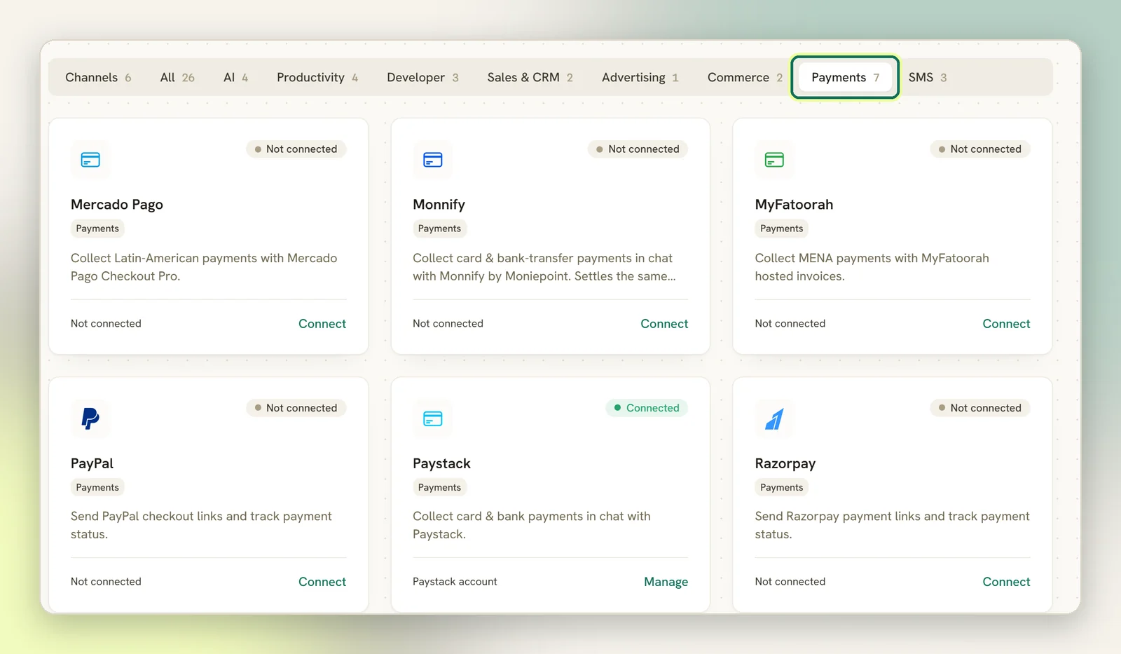 The Integrations page on the Payments category, highlighted, showing gateway tiles with their connection status and Connect or Manage links