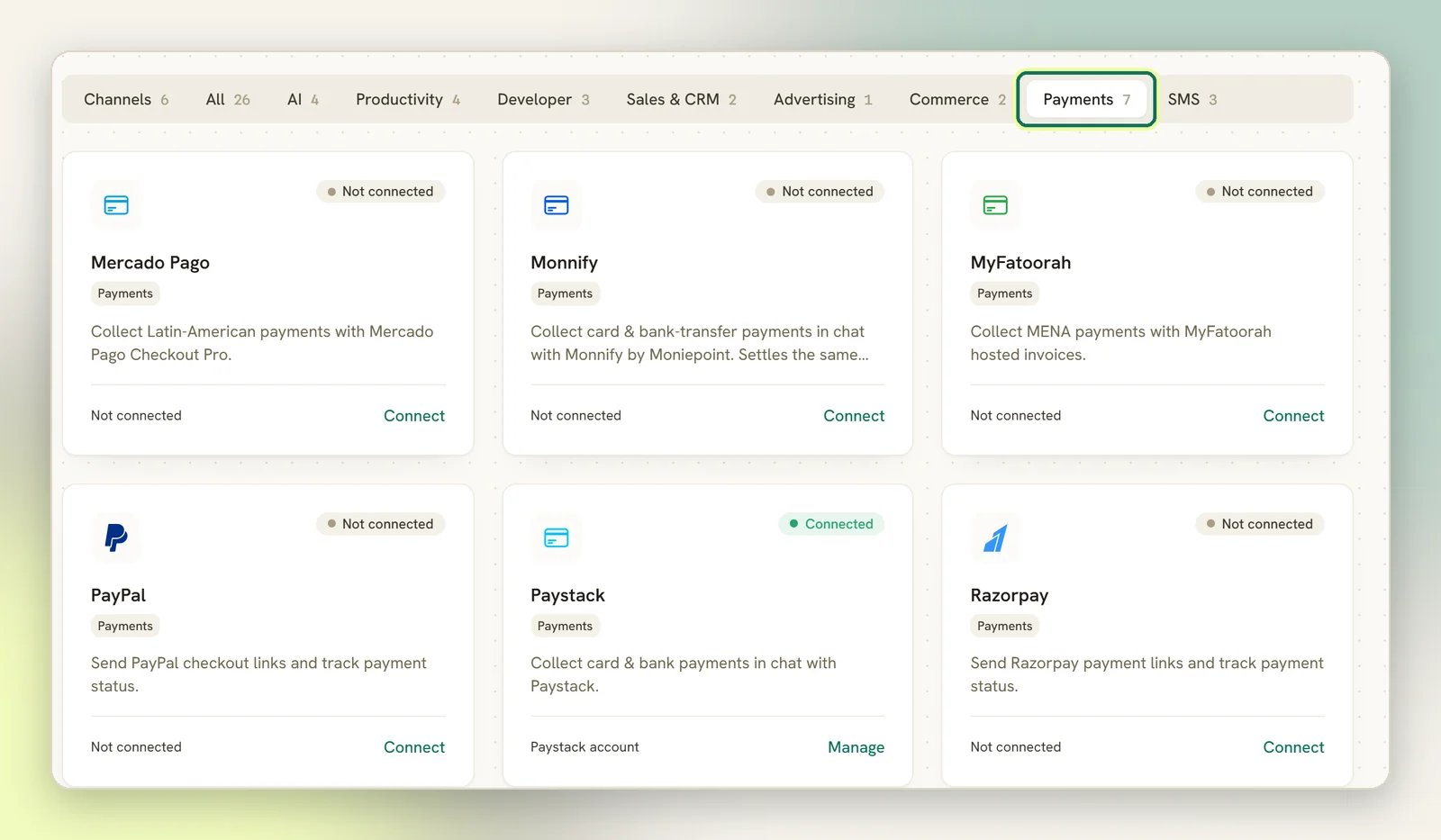 The Integrations page on the Payments category, highlighted, showing gateway tiles with their connection status and Connect or Manage links