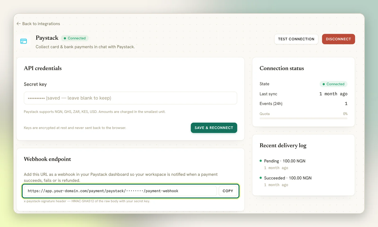 A connected Paystack tile with the saved secret key masked and the Webhook endpoint URL highlighted next to its Copy button