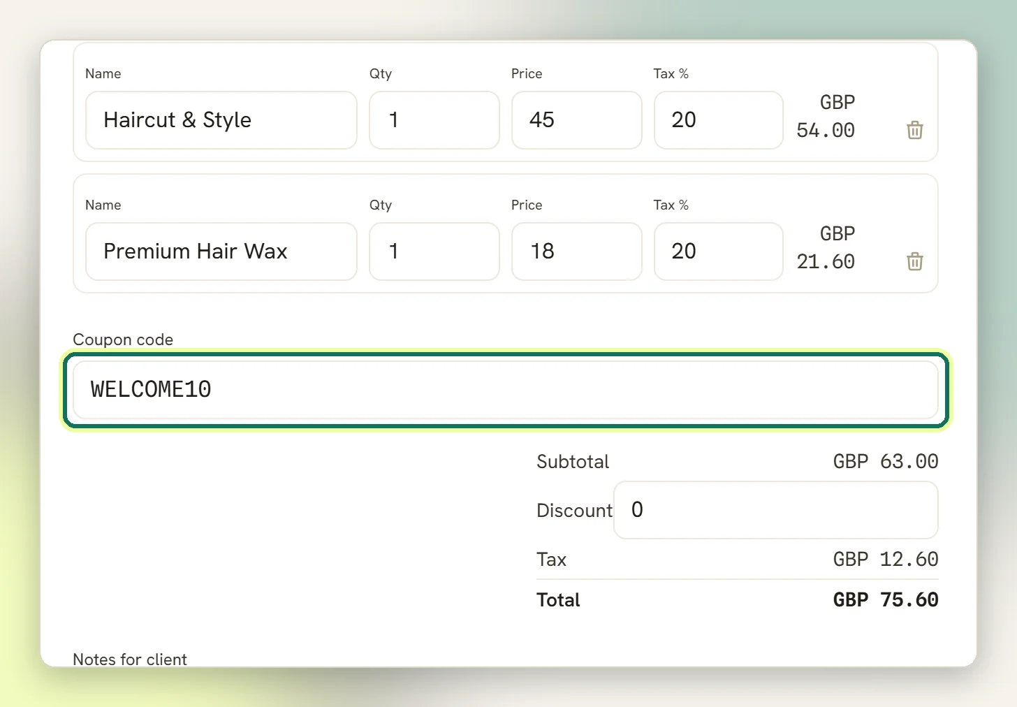 An invoice being built with a coupon code entered in the Coupon code field, highlighted, above the subtotal, discount, tax and total