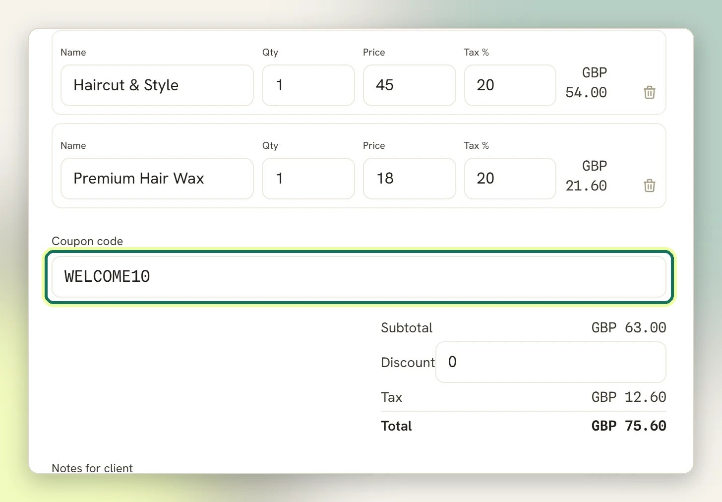 An invoice being built with a coupon code entered in the Coupon code field, highlighted, above the subtotal, discount, tax and total